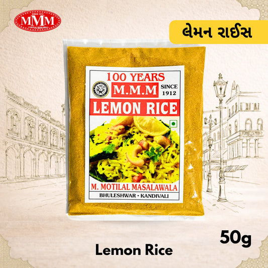Pack of M.M.M Lemon Rice with branding and product details on a decorative background