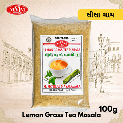 Pack of Lemon Grass Tea Masala with MMM logo on a decorative background