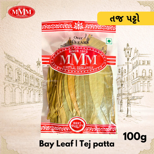 Packaged bay leaves 100g with MMM brand logo on a decorative background