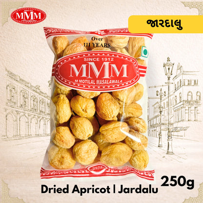 Bag of MVM Dried Apricot Jardalu with brand logo and product details on a decorative background.