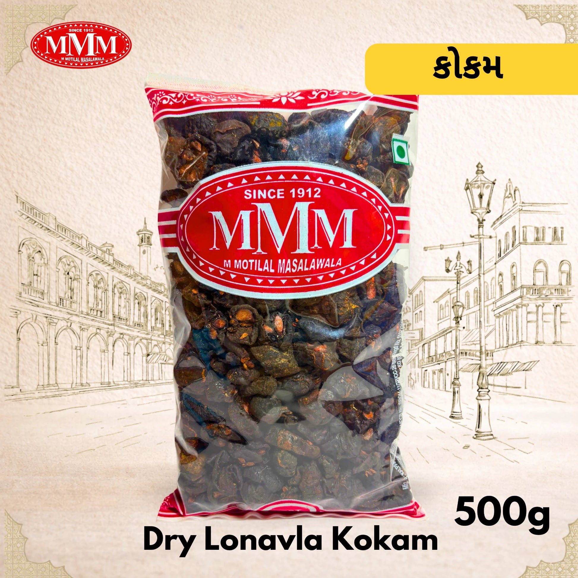 Bag of Dry Lonavla Kokam 500g with MMM logo on a decorative background