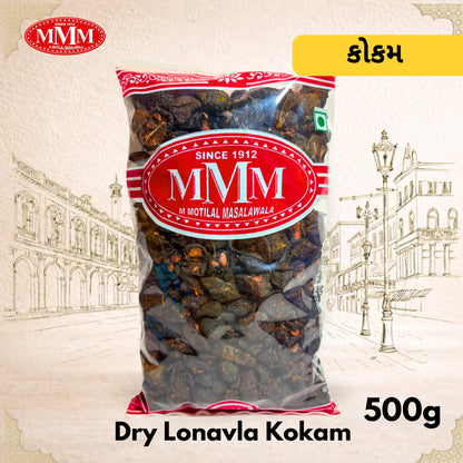 Bag of Dry Lonavla Kokam 500g with MMM logo on a decorative background
