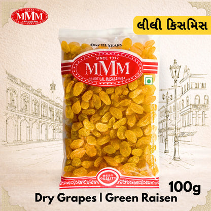 Packaged green raisins  100g with MMM brand label on a decorative background