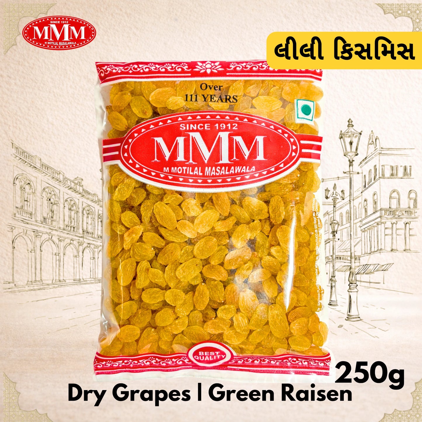 Bag of MMM Dry Grapes Green Raisins 250g with brand logo and product details on a decorative background.