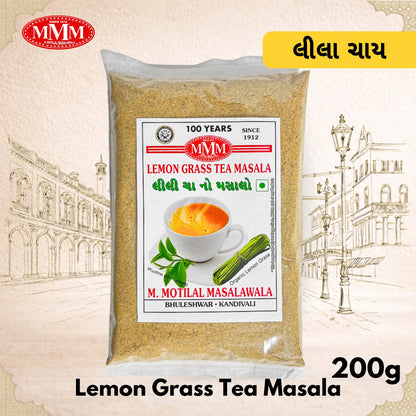 Pack of Lemon Grass Tea Masala with MMM logo and product details on a decorative background