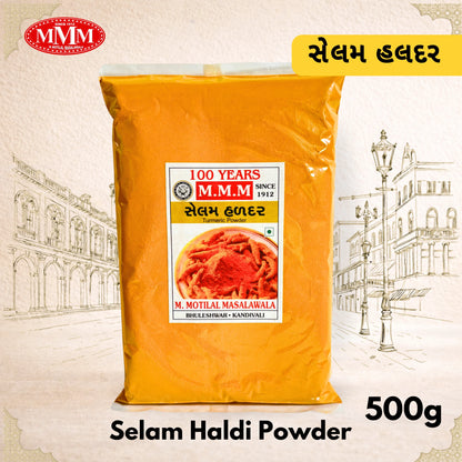 Bag of Selam Haldi Powder with M.M.M. branding on a decorative background