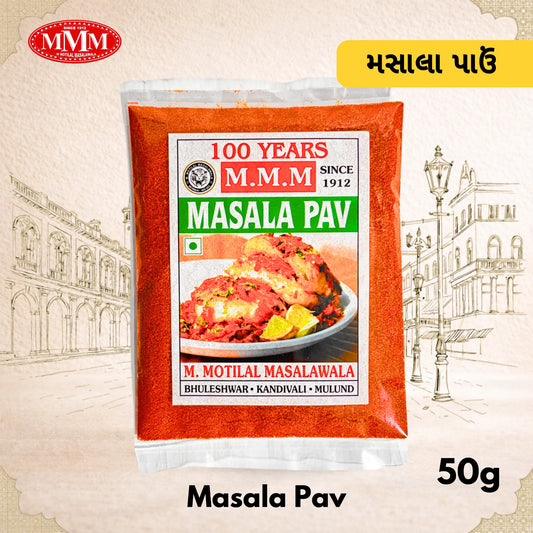 Packaged Masala Pav with M.M.M branding on a decorative background