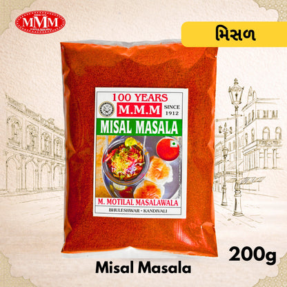 M.M.M Misal Masala package with branding and product details on a decorative background