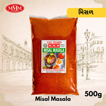 Pack of Misal Masala with MMM logo on a decorative background
