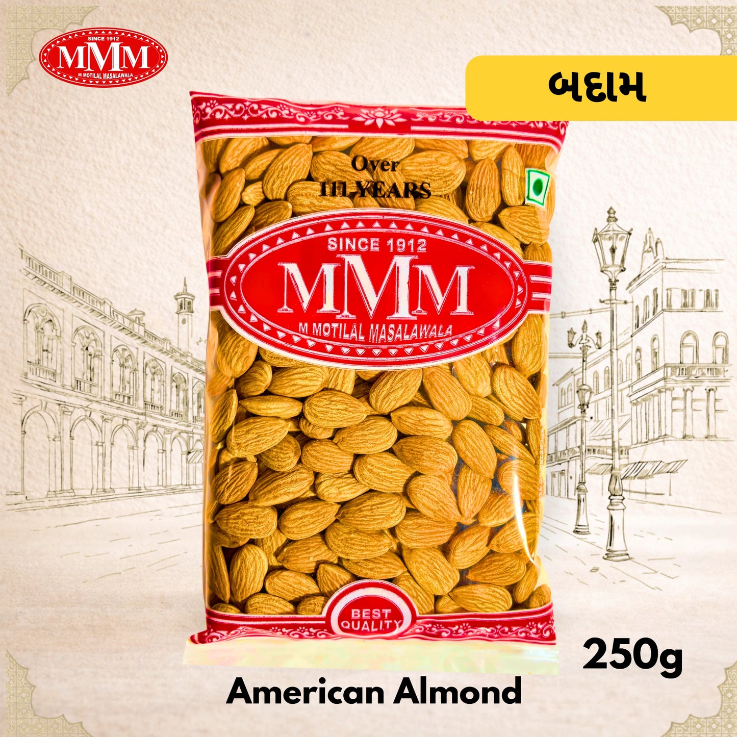 Bag of American Almonds with MMM logo on a decorative background
