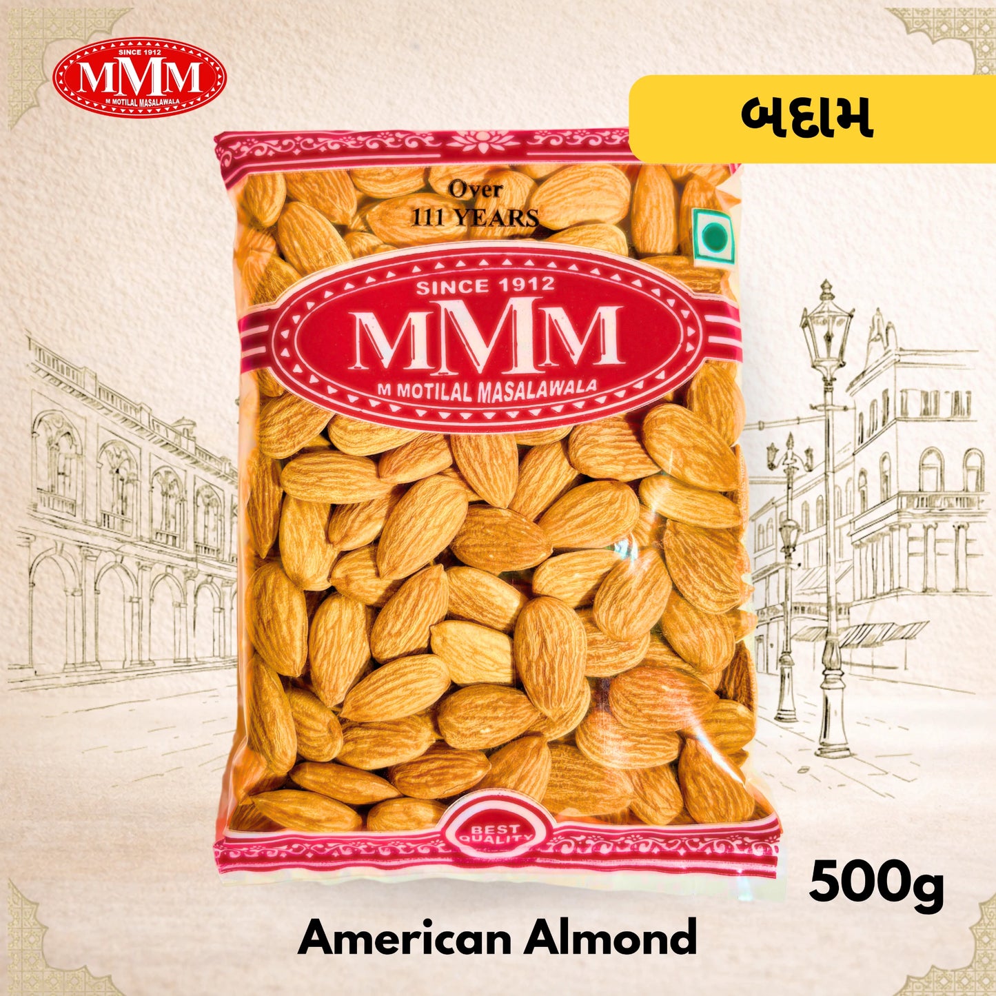 Packaged American almonds with MMM branding on a decorative background