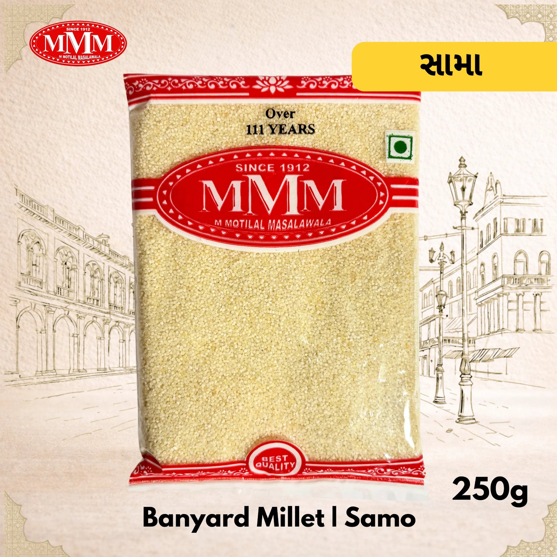 Packaged Banyard Millet Samo with MMM brand logo on a decorative background
