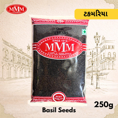 Packaging of Basil Seeds with MMM logo and text on a decorative background