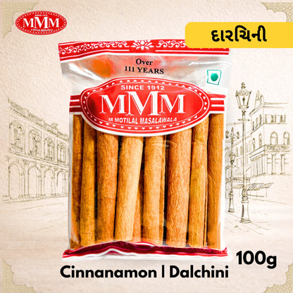 Packaged cinnamon sticks with MMM brand logo on a decorative background