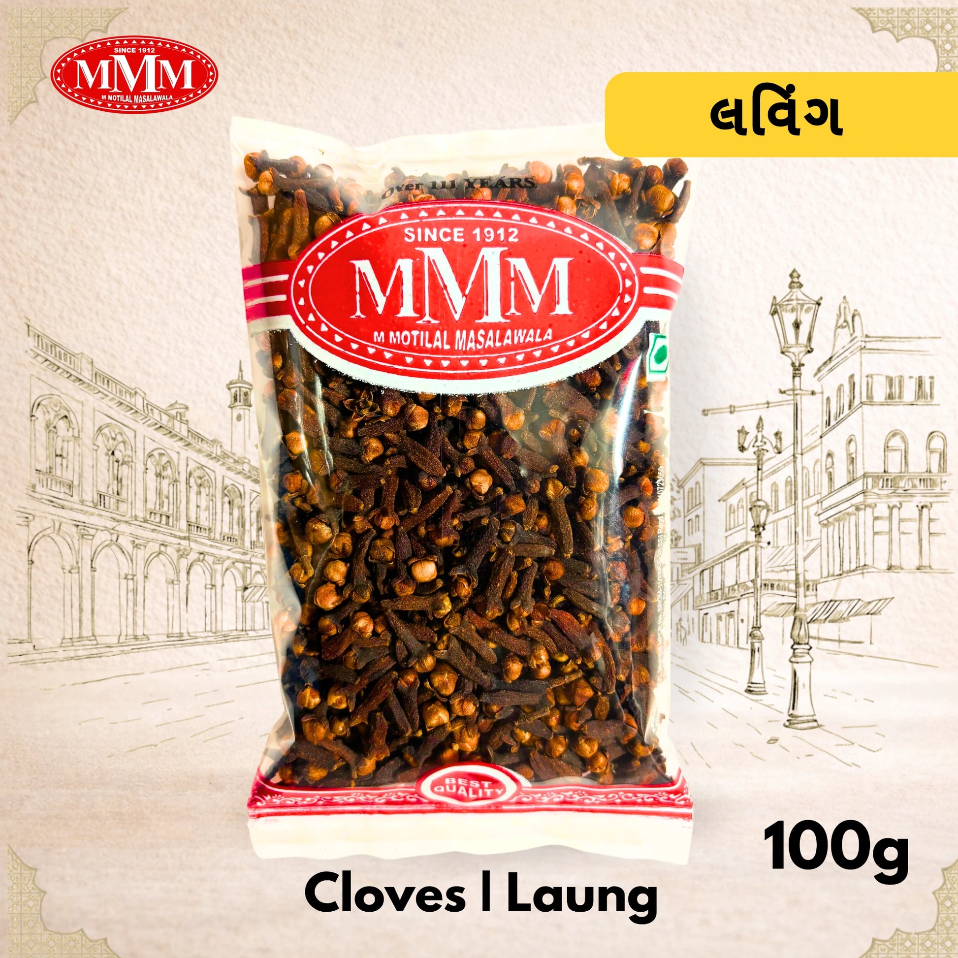 Pack of cloves with MMM brand label on a decorative background