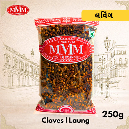 Bag of cloves labeled MMM with a decorative background