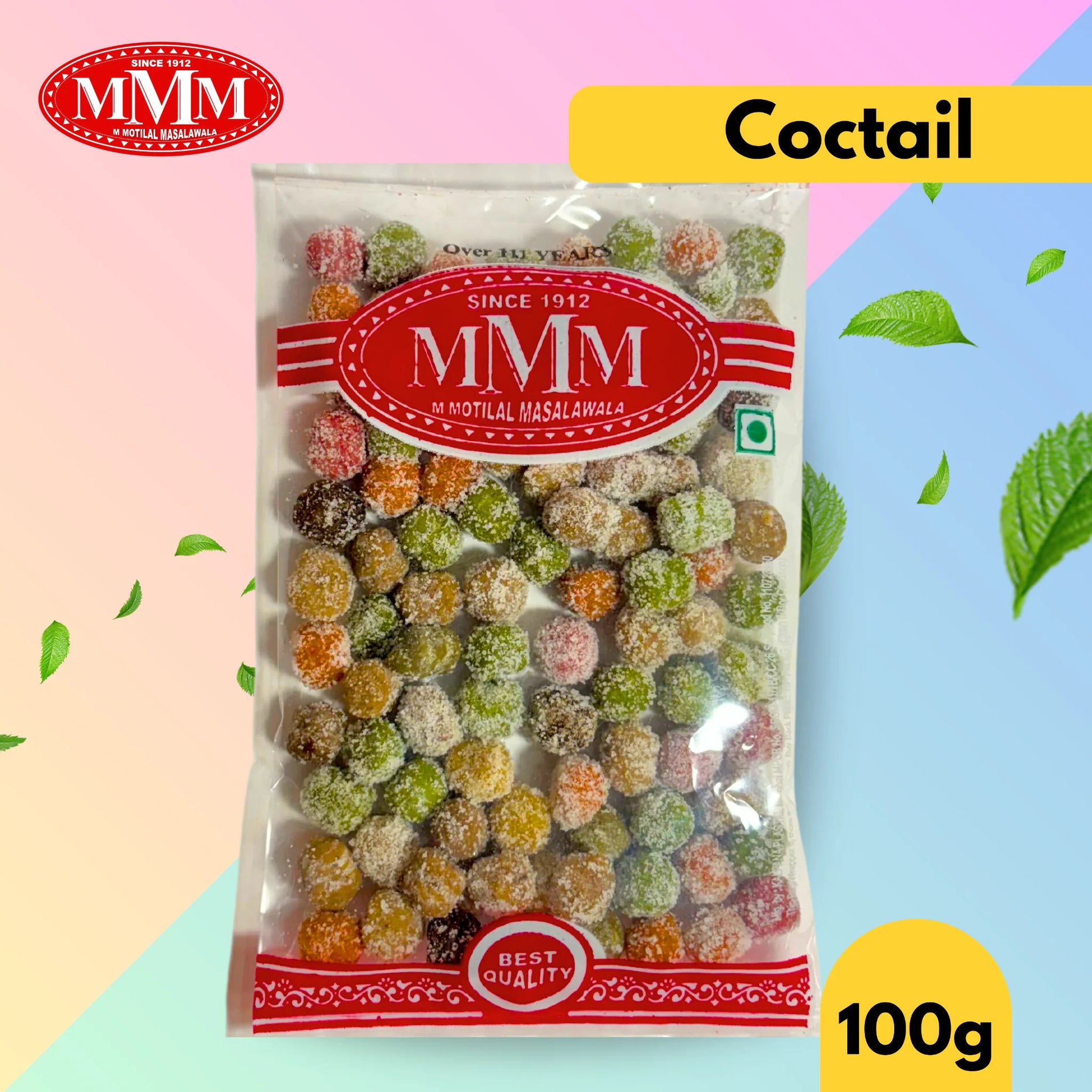 Packaged candy with MMM brand label on a colorful background