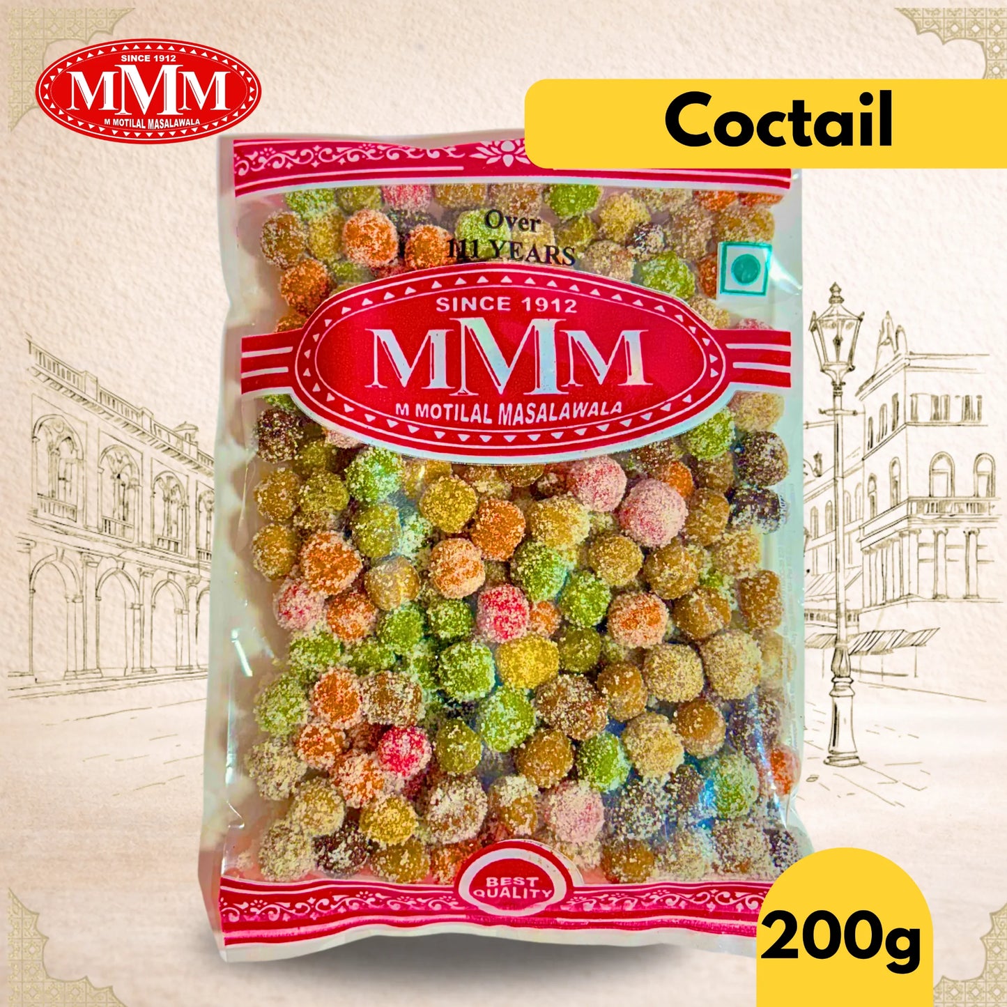Packaged candy with MMM branding on a decorative background