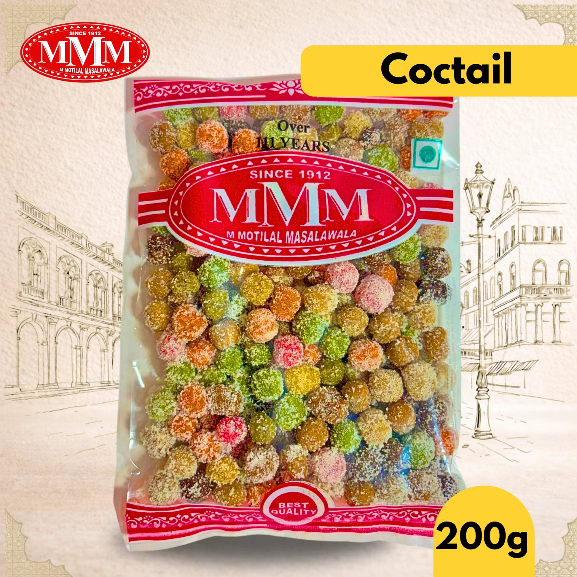Packaged candy with MMM branding on a decorative background