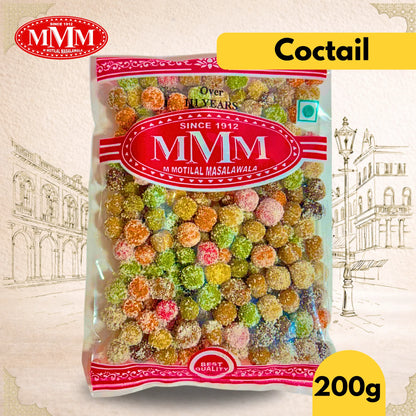Packaged candy with MMM branding on a decorative background