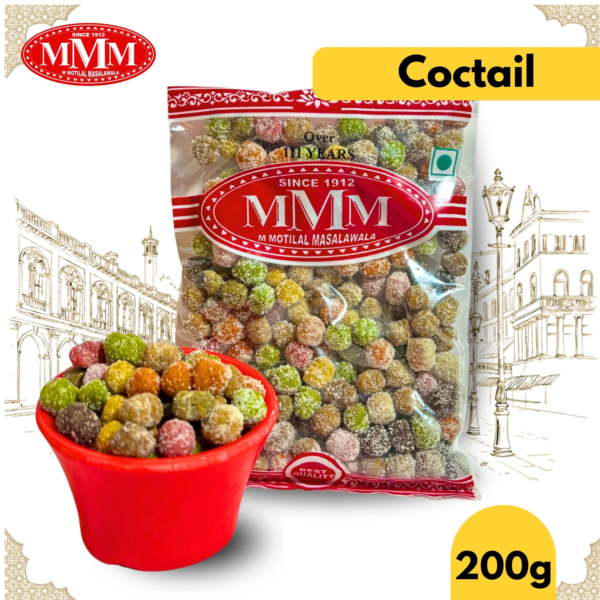 Packaged MVM cocktail sweets with a bowl of sweets on a decorative background