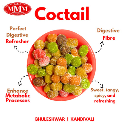 Red bowl filled with colorful coctail mukhwas gummy bears labeled 'MMM Coctail' on a white background.