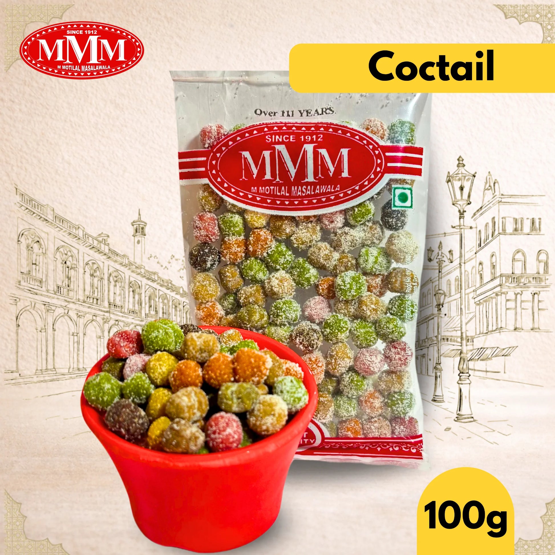MVM cocktail sweets packaging with a red bowl of sweets on a decorative background