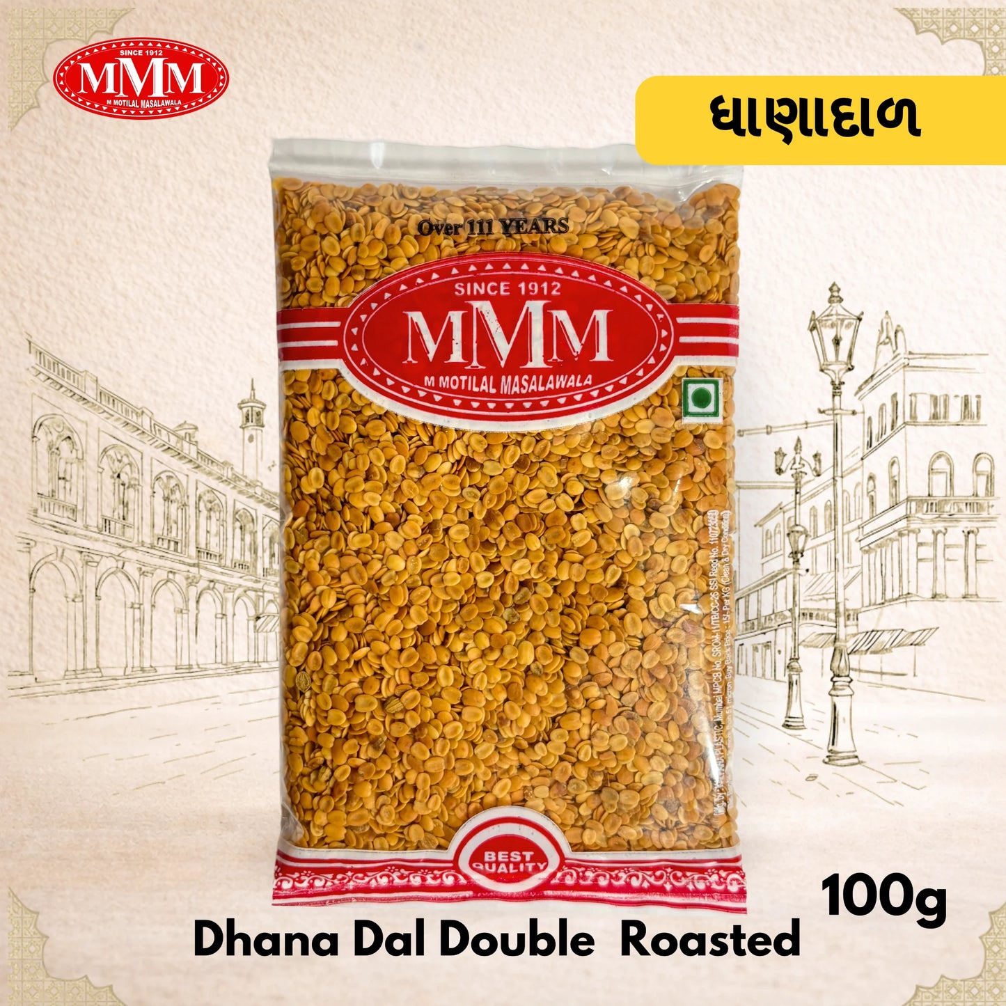 Packaged food item with MMM brand logo on a decorative background
