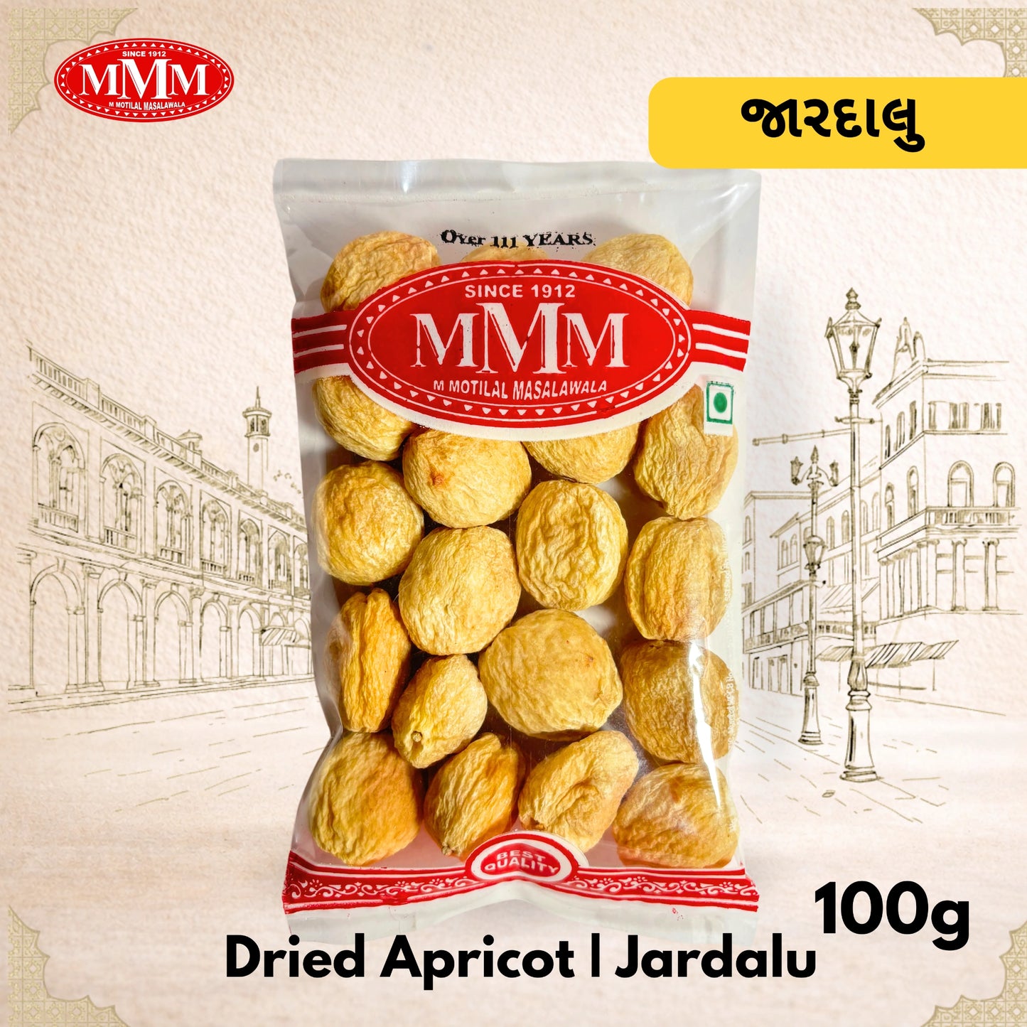 Packaging of M Motilal Masalawala Jardalu Apricot Raisin Bites in a 100g bag.