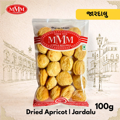 Packaging of M Motilal Masalawala Jardalu Apricot Raisin Bites in a 100g bag.