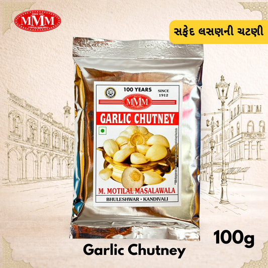 Pack of MMM Garlic Chutney  100g with packaging details on a decorative background