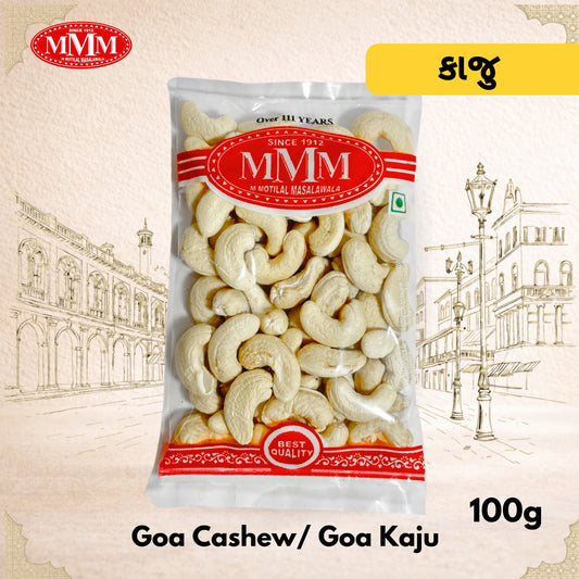 Packaged Goa Cashew with MMM logo on a decorative background