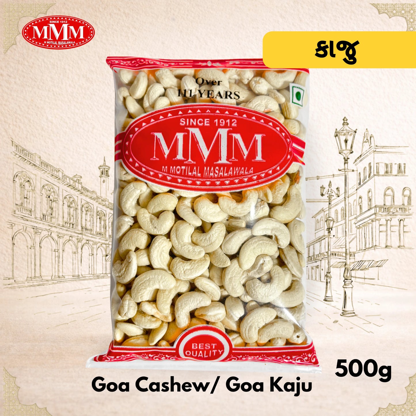 Packaged cashews with MMM branding on a decorative background