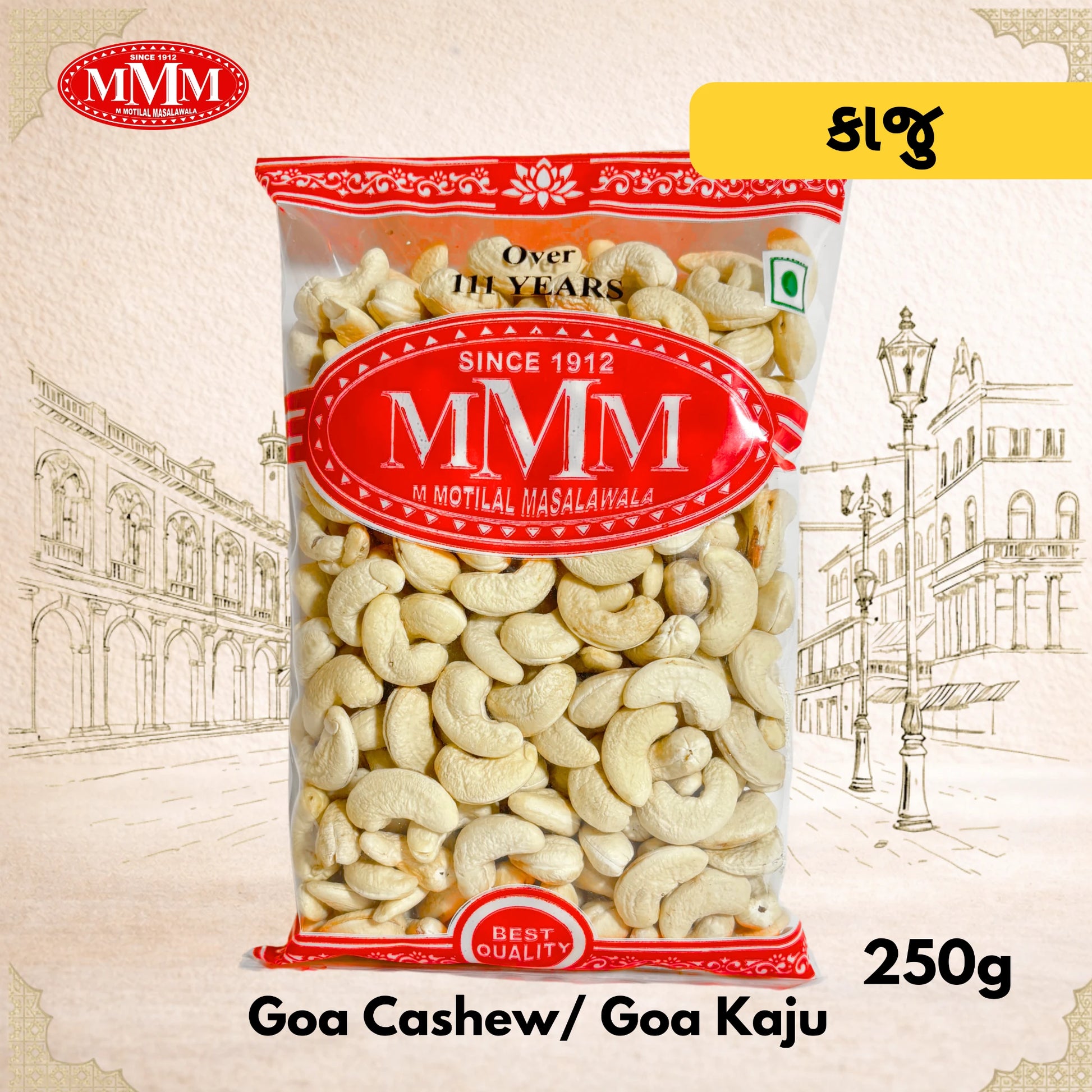 Packaged Goa Cashew with MMM logo on a decorative background