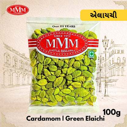 Bag of green cardamom 100g with MMM brand label on a decorative background