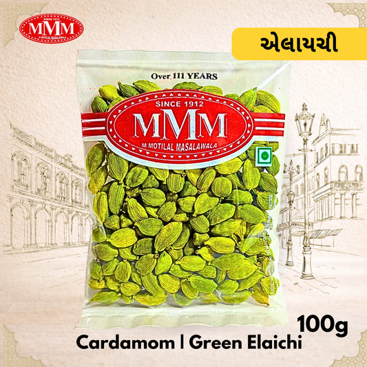 Bag of green cardamom 100g with MMM brand label on a decorative background