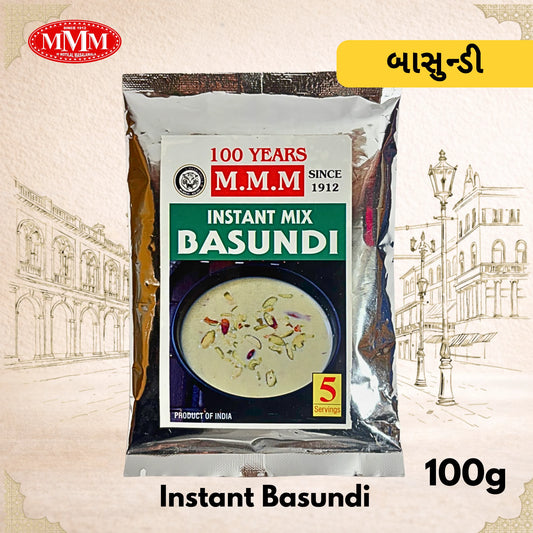 Packaged instant Basundi mix 100g with MMM branding on a decorative background
