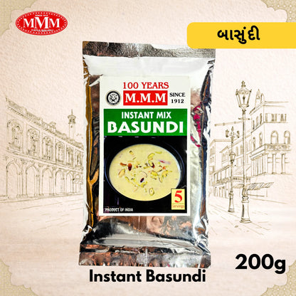 MVM Instant Mix Basundi  200g package with architectural illustrations and text in the background