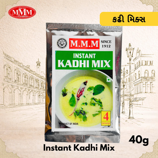 M.M.M Instant Kadhi Mix 40g packaging with brand logo and product details on a decorative background.