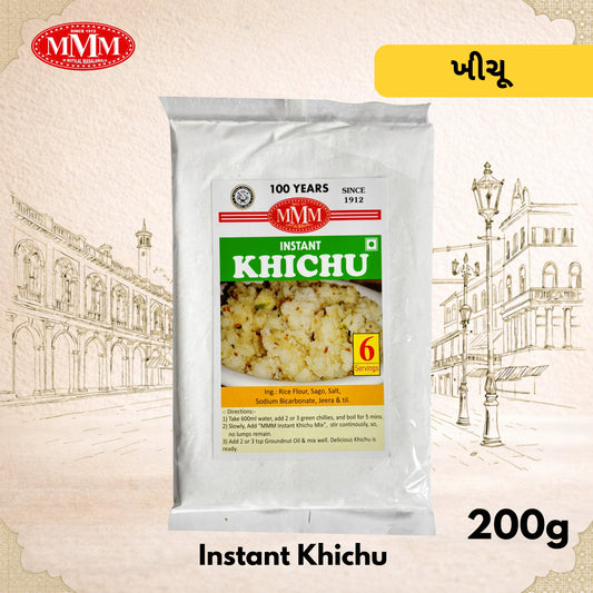Packaged instant khichu premix 200g with MMM branding on a decorative background