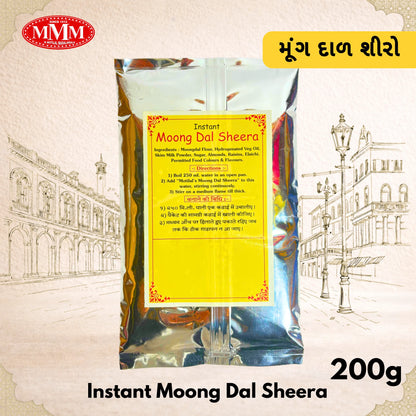 Packaged Instant Moong Dal Sheera with MMM logo and text on a decorative background