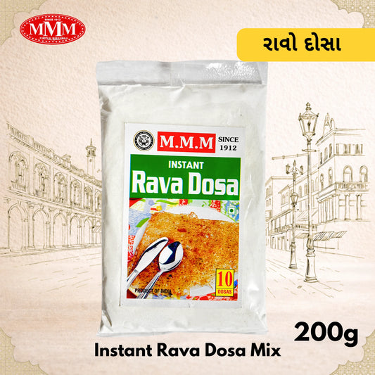 Pack of M.M.M Instant Rava Dosa Mix 200g with branding and product details on a decorative background.