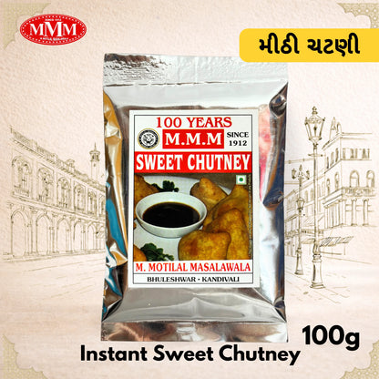 Packaging of Instant Sweet Chutney by M. Motilal's Masalawala in a 100g resealable pouch, with the brand logo and product name displayed prominently