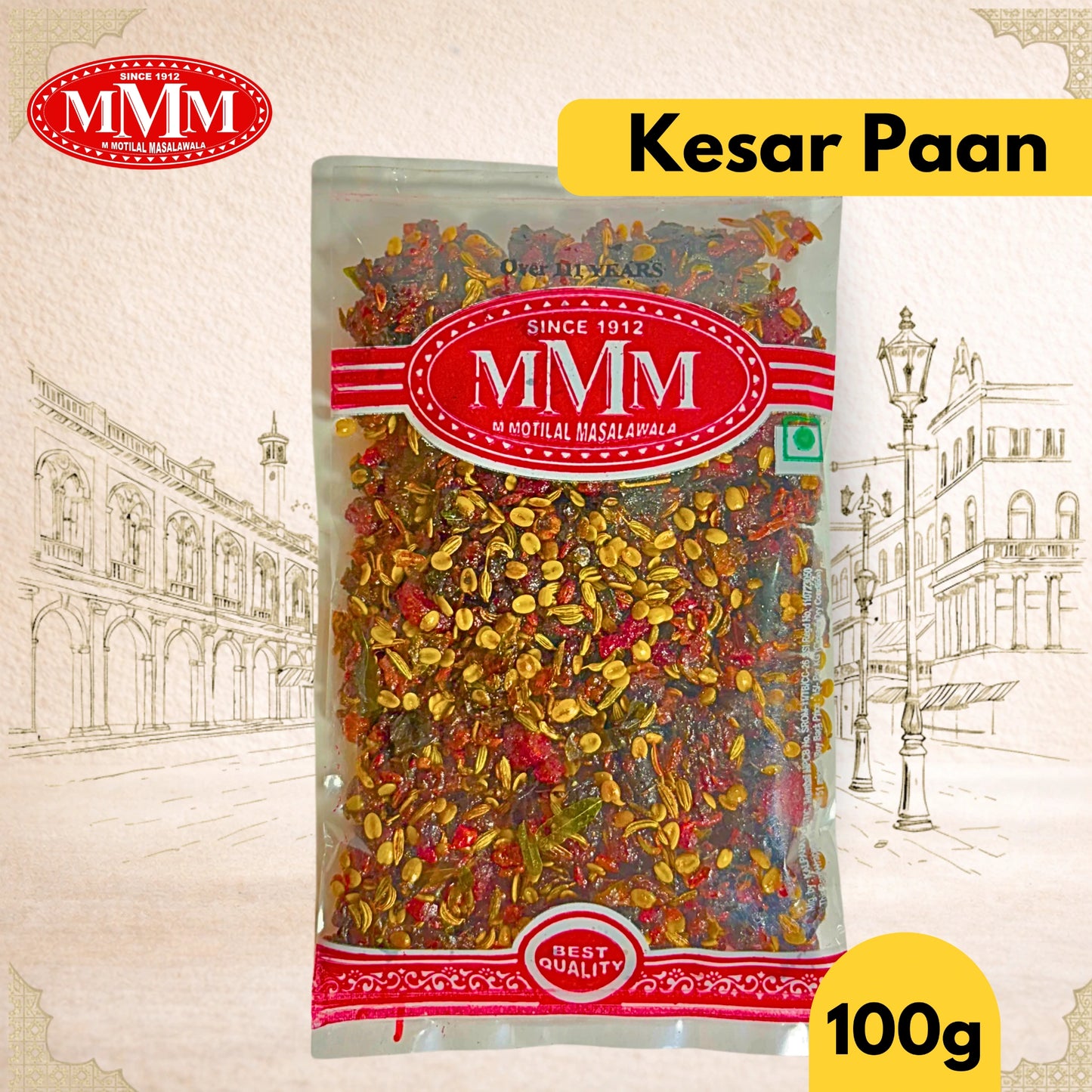 Packaged Kesar Paan with MMM logo on a decorative background