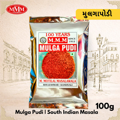 A pack of Mulgapudi South Indian Masala chutney powder weighing 100g, with branding and product name displayed.