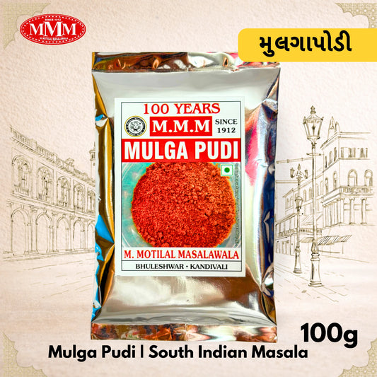 A pack of Mulgapudi South Indian Masala chutney powder weighing 100g, with branding and product name displayed.