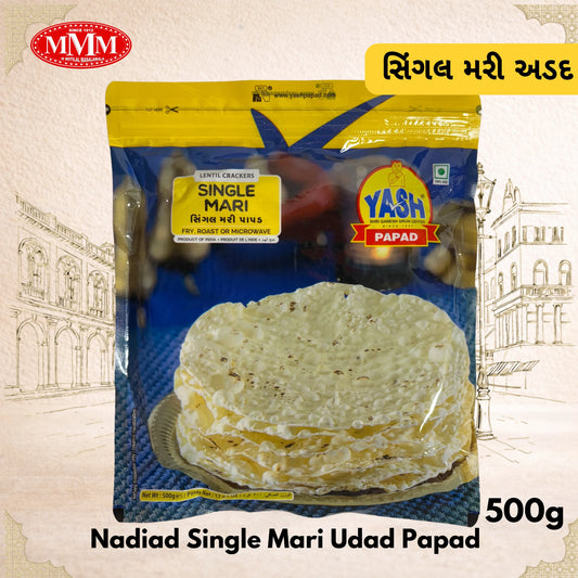 Packaged Nadia Single Mari Udad Papad with Yash Papad branding on a beige background.