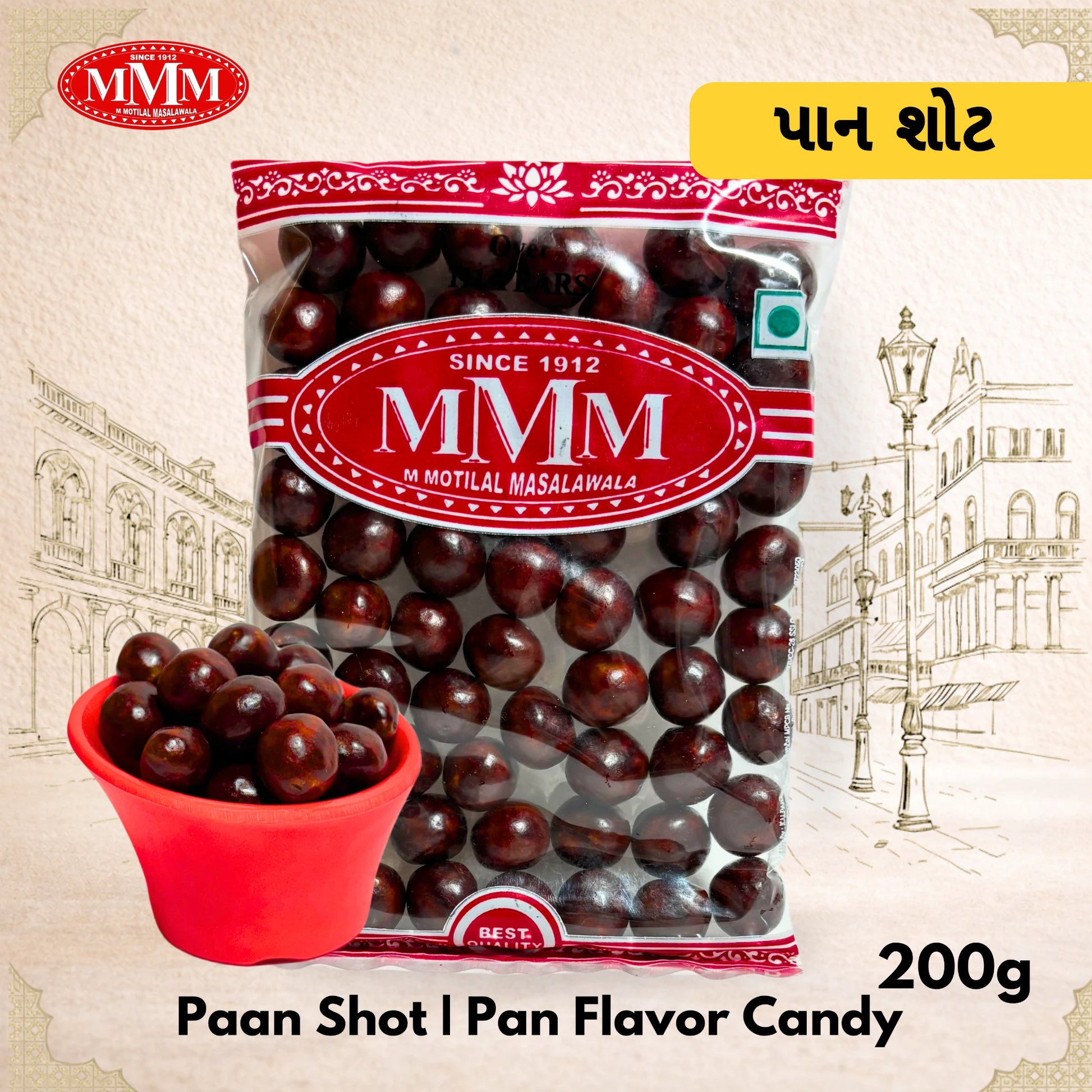 Paan shot pan flavor candy with MVM branding on a decorative background
