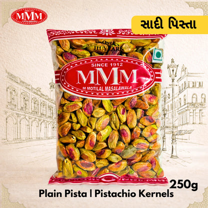 Bag of MVM pistachio kernels with a vintage cityscape background