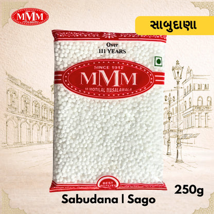 MMM Sabudana Sago package with red and white design on a beige background